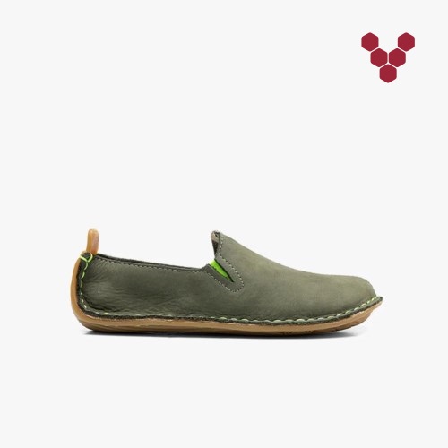 Vivobarefoot Ababa Leather Kids Slip On Shoes Dark Green UK EIYM